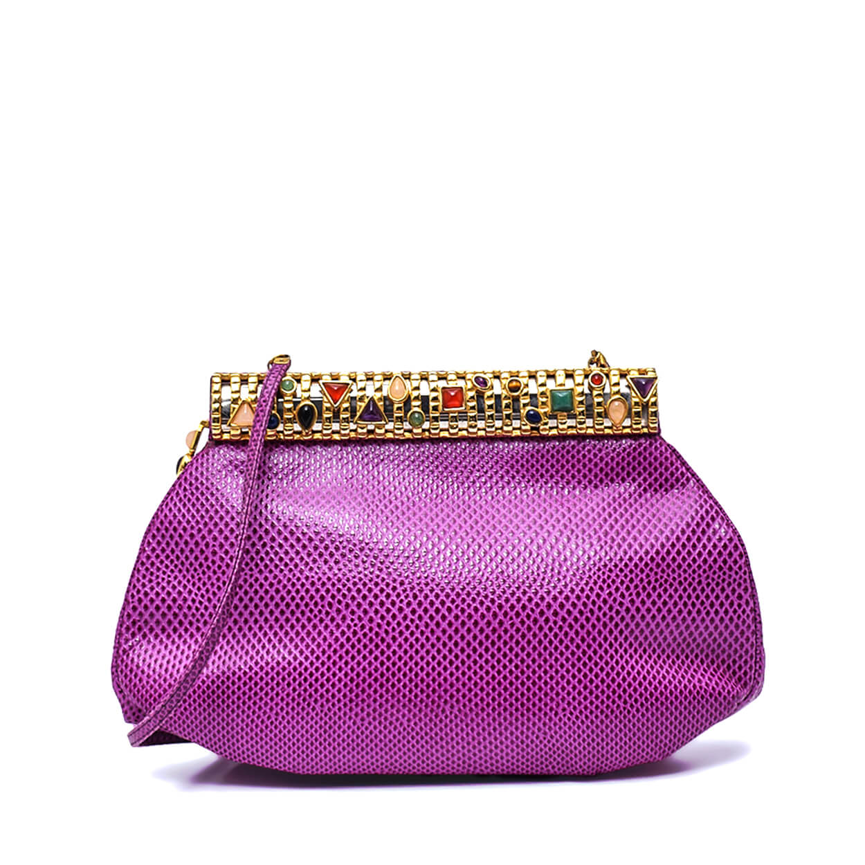 Judith Leiber - Purple Vintage Magenta Lizard Leather Multicolor Gemstone Clutch w Stra